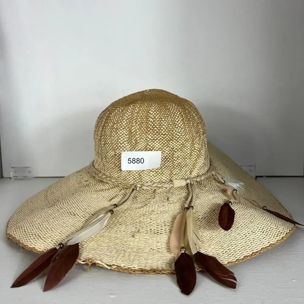 Scala Collezione Women's One Size Hat 100% Paper Feather Boho Sun